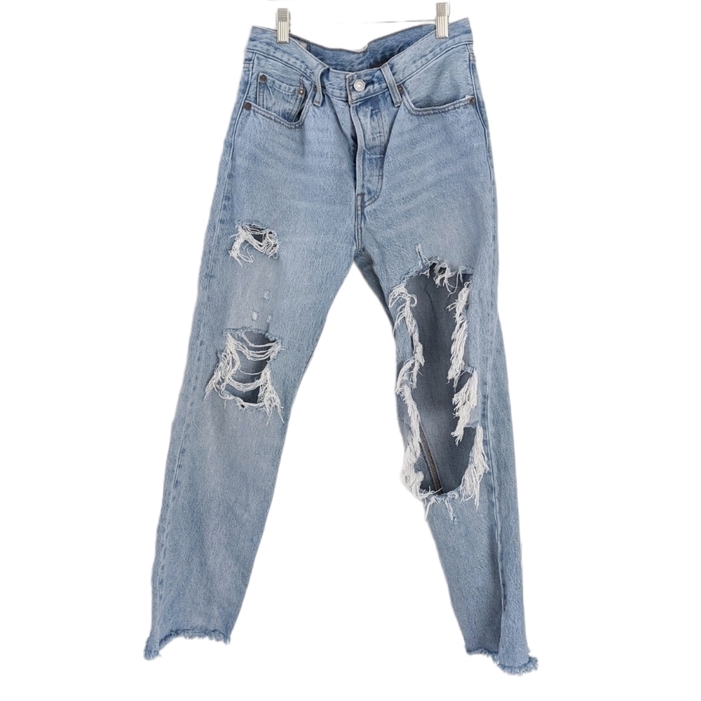Levi's 501 disstressed ripped row hem light wash blue jeans W 27 28 L T2